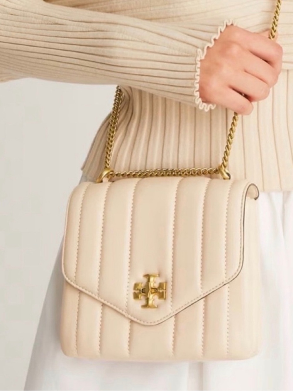 Tory Burch Cream Quilted Leather Shoulder Bag with Gold Chain
